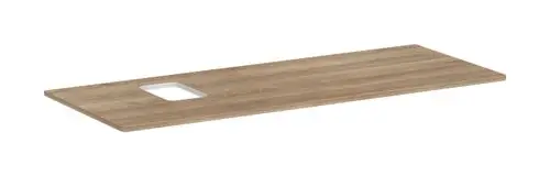 Konsole aus Holzimitat mit einem Ausschnitt auf der linken Seite, geeignet für einen Aufsatzwaschtisch; zeigt die Marke Hansgrohe.